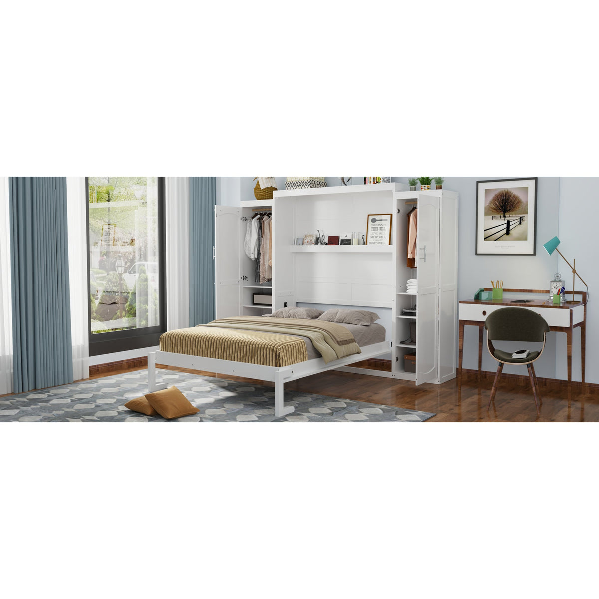 Roomfitters Queen Murphy Bed with Storage Cabinets and Shelf, Foldable Wall Bed Platform for Guest Room and Bedroom, White Roomfitters