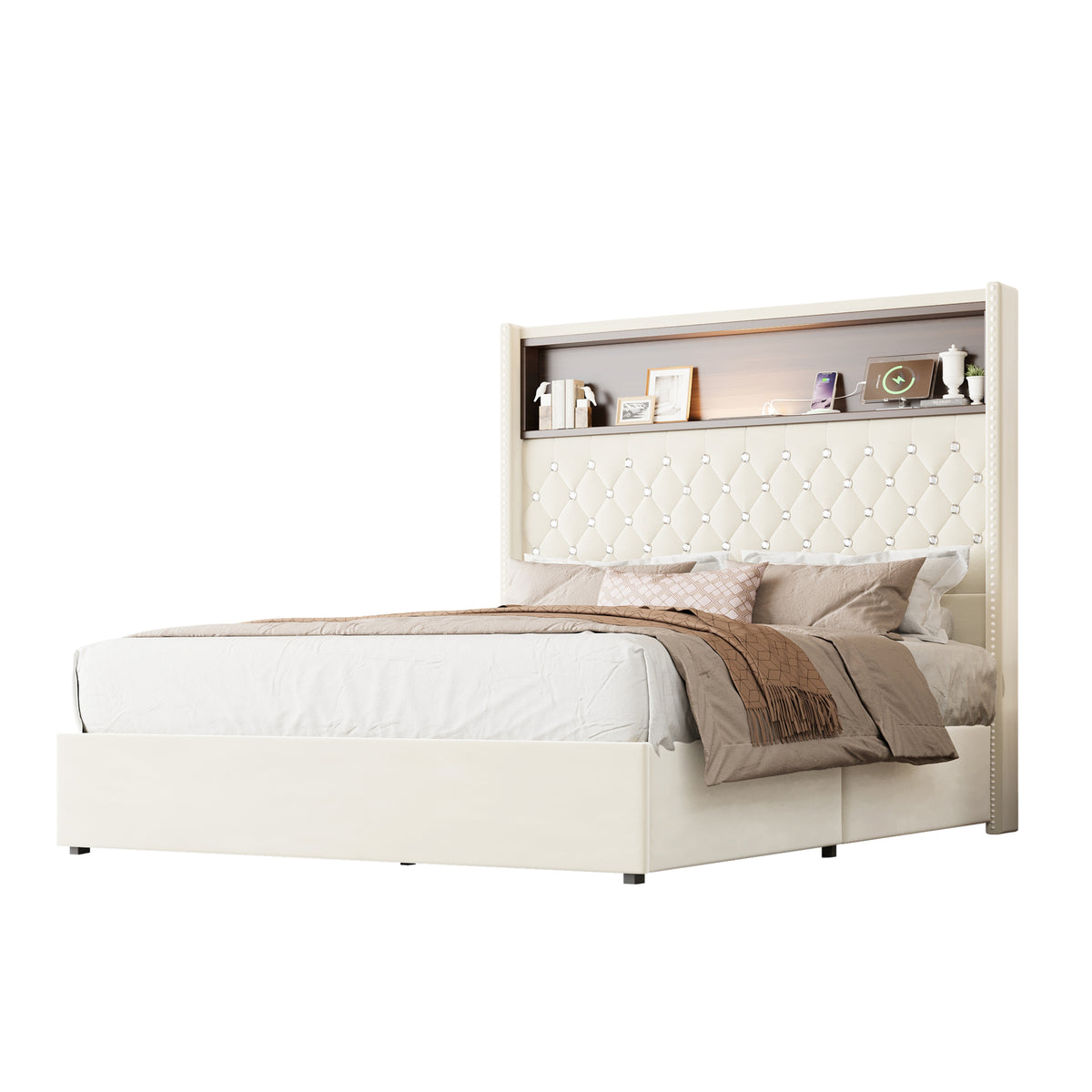 variant-group:rf-n733p368653a|Roomfitters Full Velvet Tufted Platform Bed with Charging Ports, Tall Wingback Headboard with Rivet Trim and Shelf, Beige