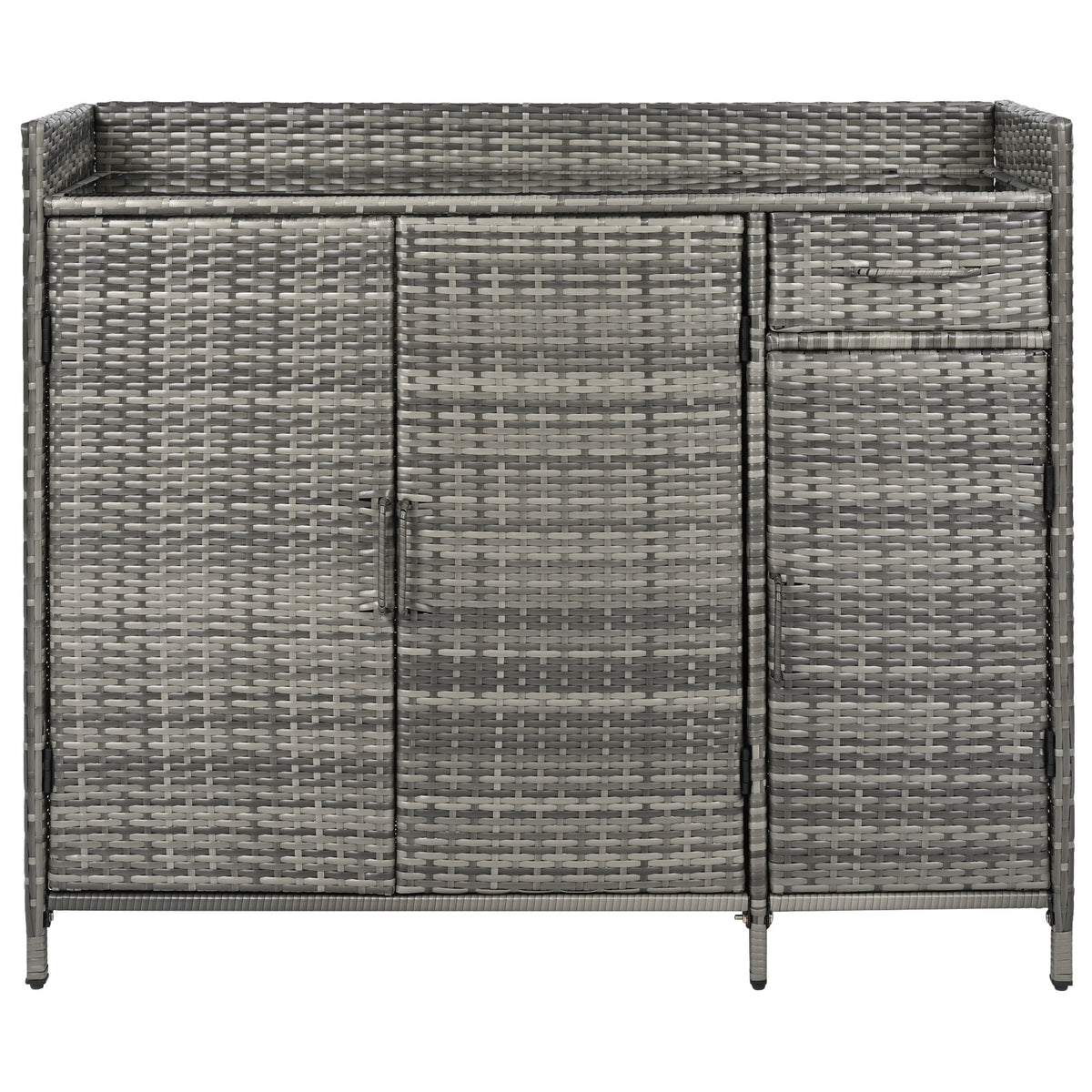 variant-group:rf-n707p233745g|Roomfitters 47.5" Wicker Outdoor Storage Cabinet, Rattan Bar Table with Glass Top, Adjustable Shelf, 3 Doors, Grey