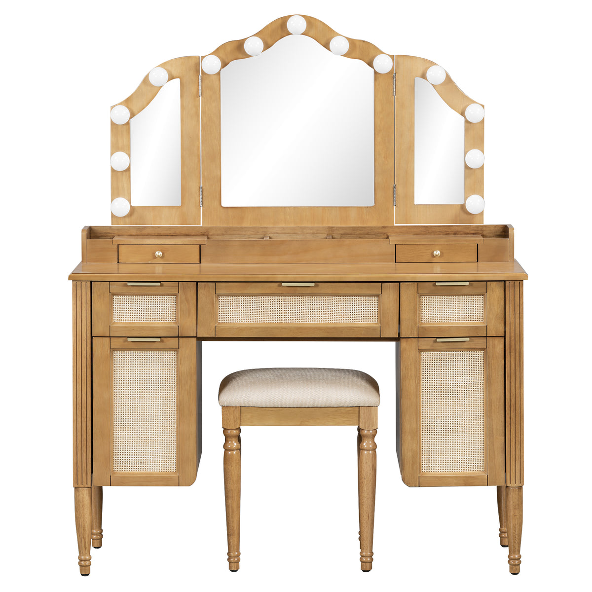 variant-group:rf-n704p342558n|Roomfitters 44-Inch Bohemian Makeup Vanity Desk with 13 Hollywood Bulbs Tri-Fold Mirror and Bamboo Drawers Natural