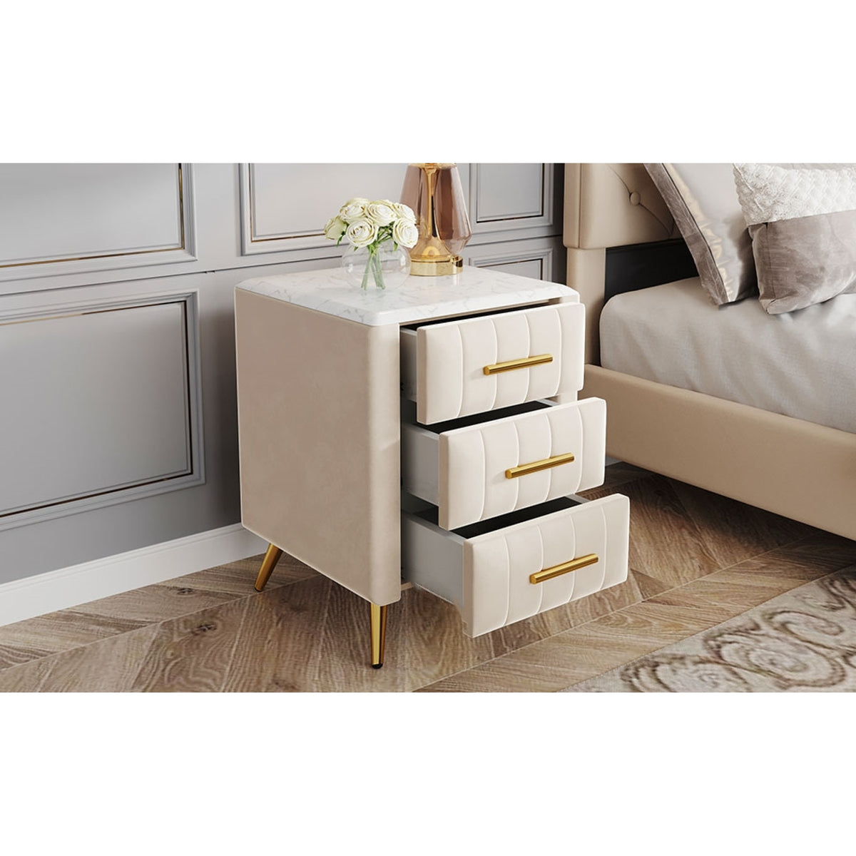 variant-group:rf-n733p208520a|Roomfitters Upholstered Nightstand with 3 Storage Compartments, Metal Legs and Handles, Marble-Inspired Worktop, Beige