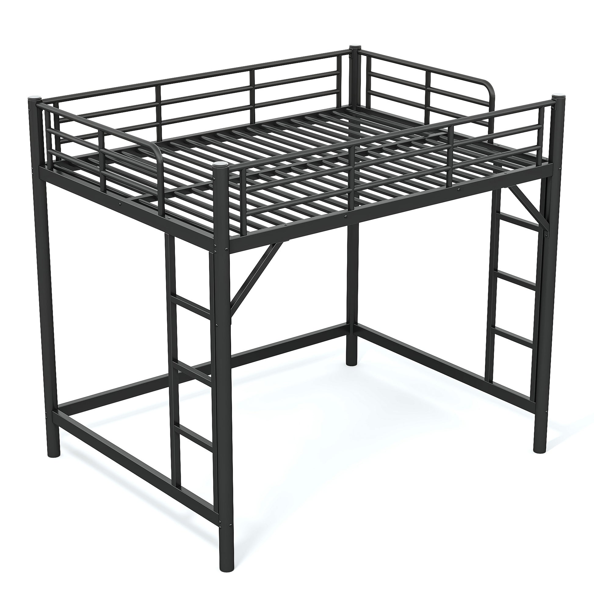 variant-group:rf-w1580p455015|Roomfitters Full Size Metal Loft Bed Frame with Guardrails, Heavy Duty Space Saving High Loft Bed Dual Ladders, Black