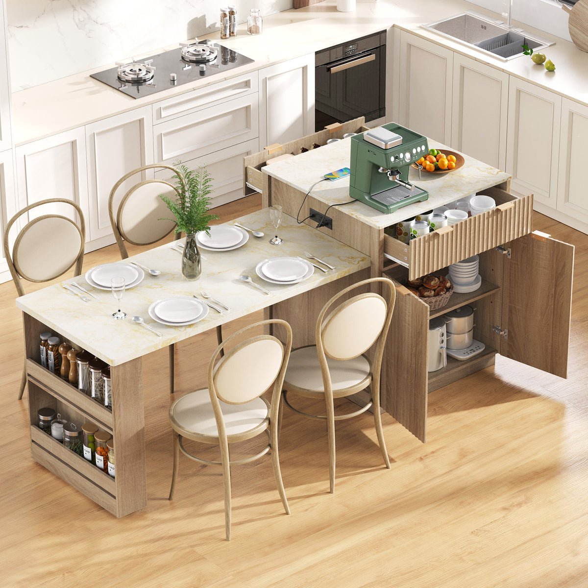 variant-group:rf-n707s000018y|Roomfitters 82.6" Fluted Kitchen Island with 51" Extendable Dining Table for 4-6, Power Outlet, Natural