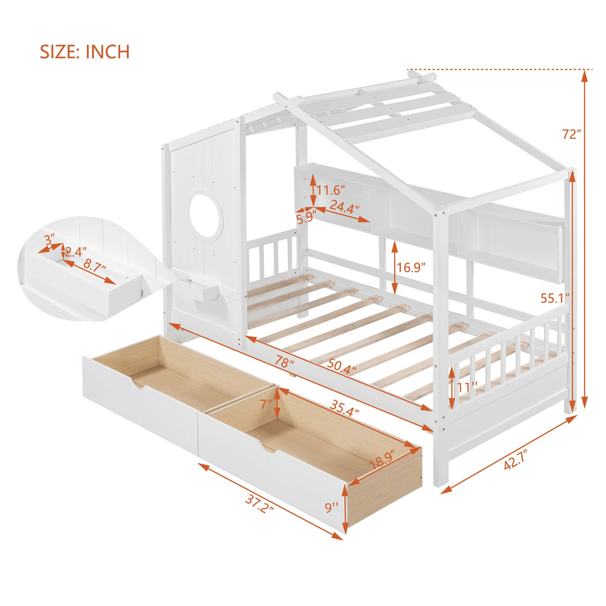 variant-group:rf-n733s308483k|Roomfitters Wooden Twin Size House Bed with 2 Drawers and Storage Shelf, White