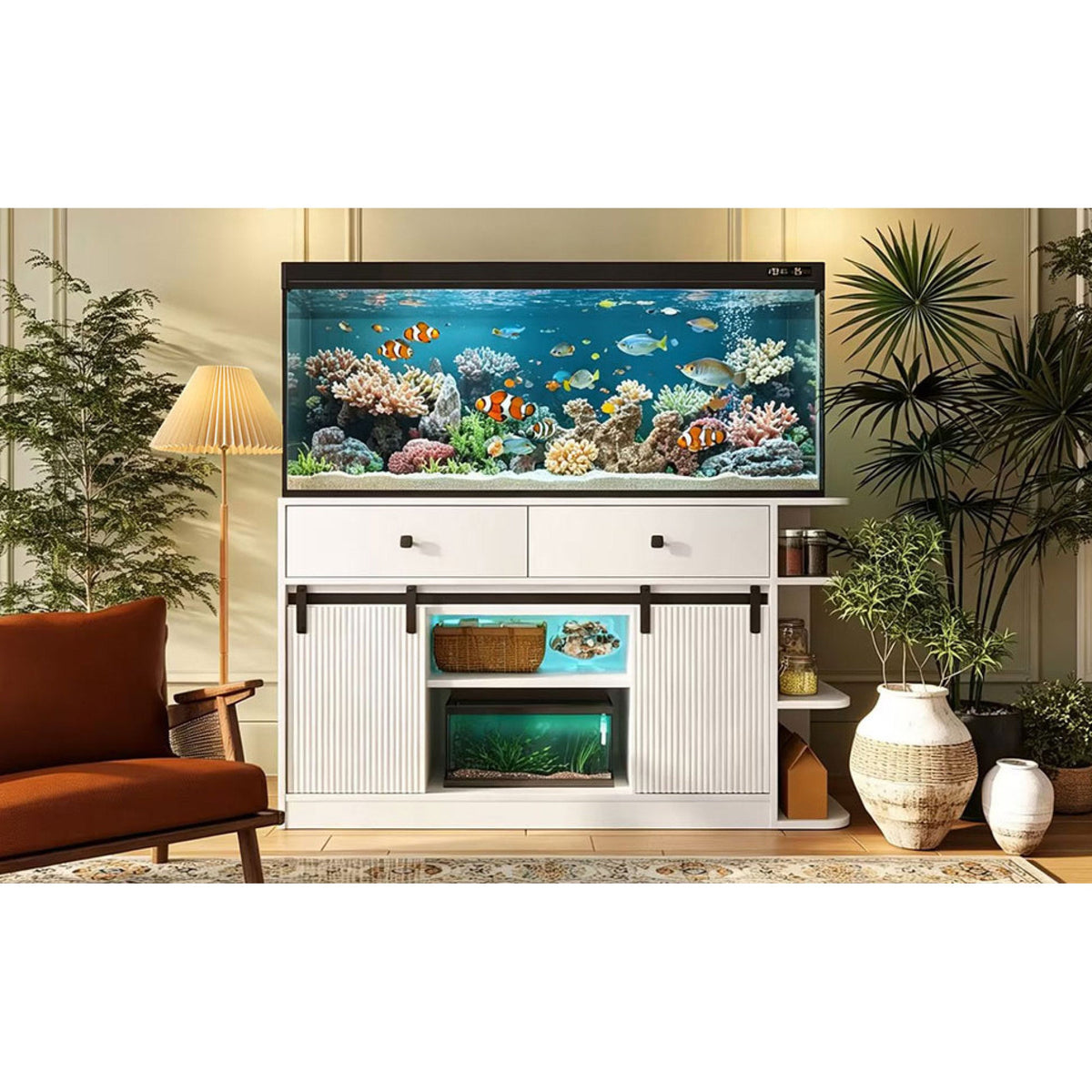 Roomfitters 75 Gallon Fish Tank Stand with Smart App RGB LED Lights Sliding Fluted Doors and Power Outlets White Roomfitters