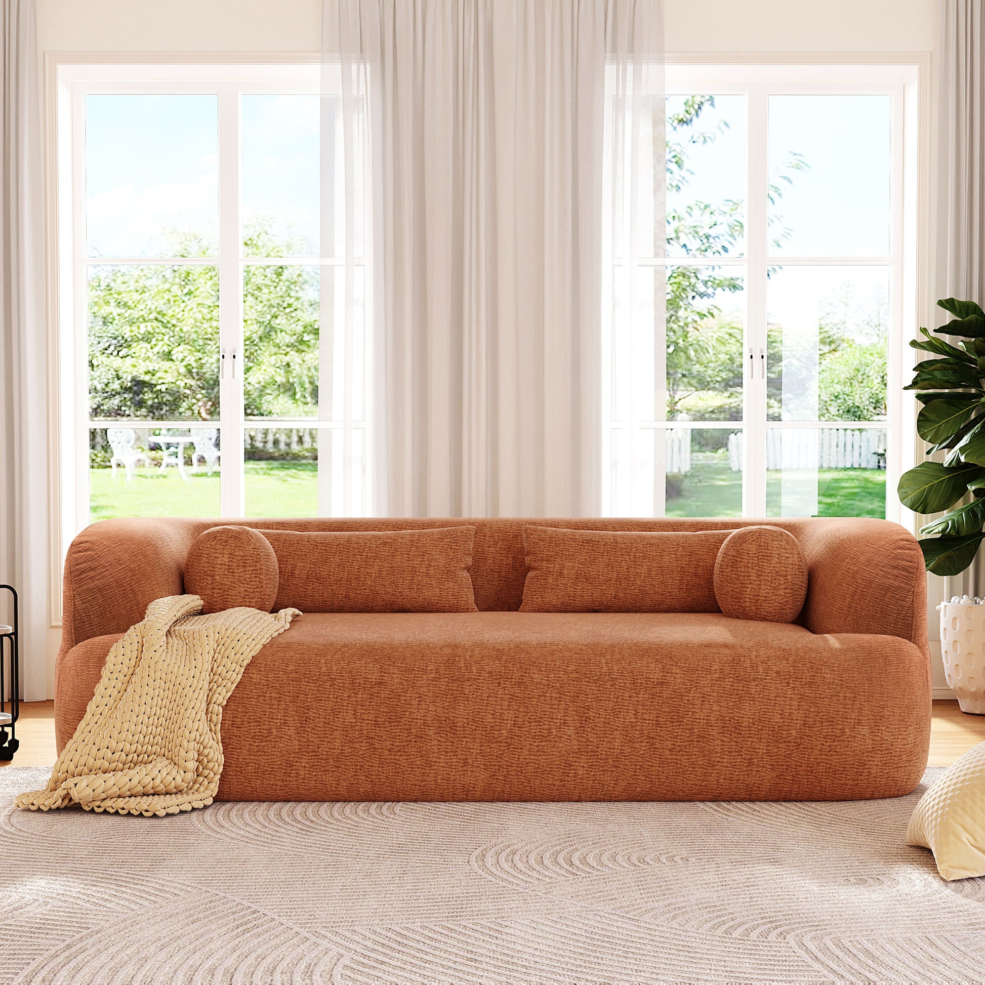 variant-group:rf-n723p404465g|Roomfitters 86 Inch Modern Curvy Sofa, 3-Seater Rounded Upholstered Couch with Plush Throw Pillows for Living Room, Orange