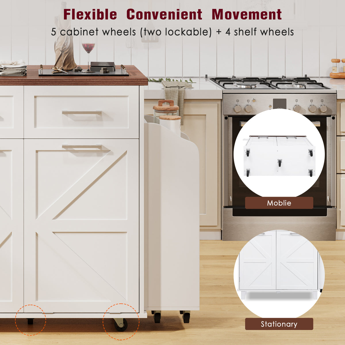 variant-group:rf-n707p307296w|Roomfitters 47.2" Farmhouse Kitchen Island with Drop Leaf, Tilt Trash Can Cabinet, Removable Mobile Side Racks, White