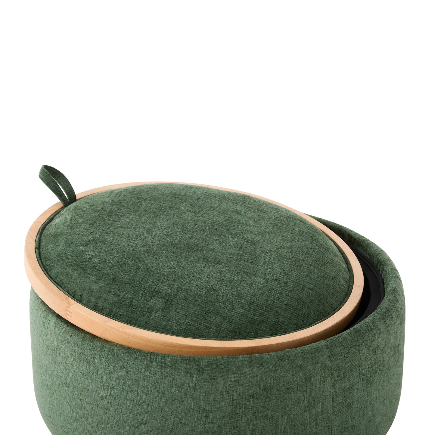 variant-group:rf-n723p405304g|Roomfitters 29 Inch Round Storage Ottoman with Reversible Wooden Tray Top, Upholstered Coffee Table for Living Room, Green