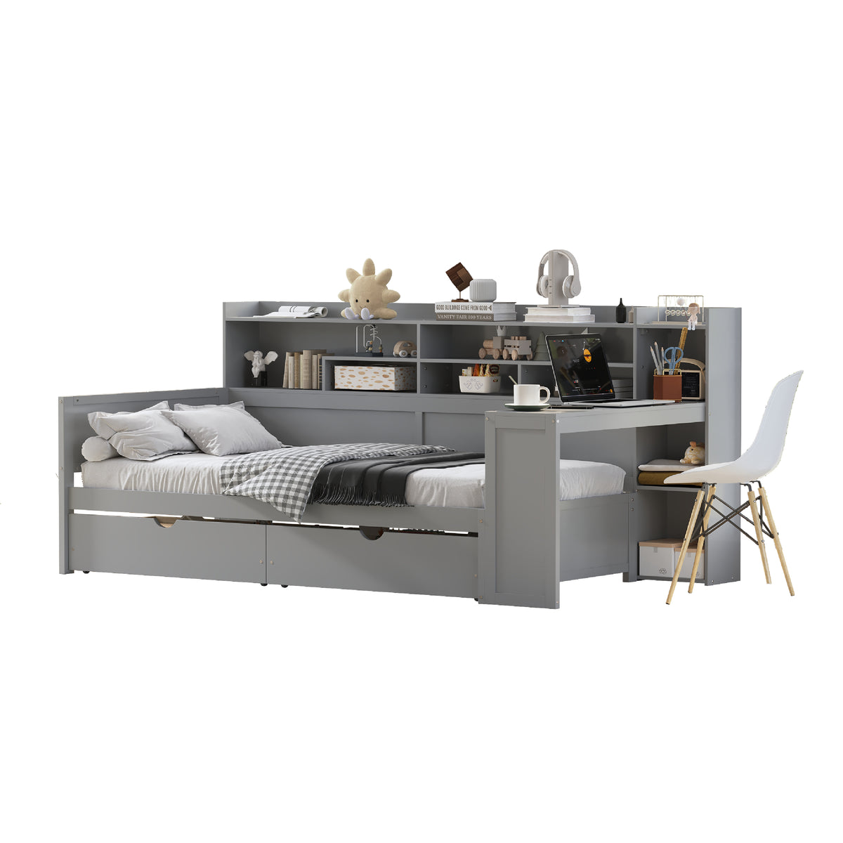 variant-group:rf-n733s241484e|Roomfitters Wooden Twin Size Daybed with Storage Shelves, Multi-functional Bed with Two Storage Compartments and Study Desk, Gray