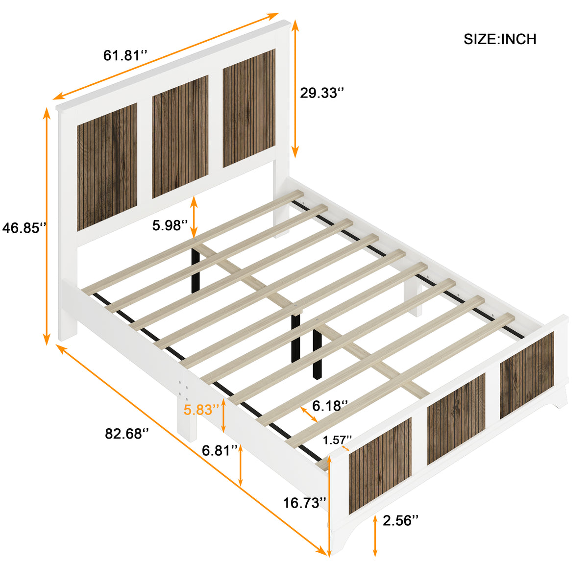 variant-group:rf-n733wf530906aak|Roomfitters Farmhouse Wooden Platform Queen Size Bed, Modern Platform Bed with Wooden Strip Decoration and Plywood Slats Support, White