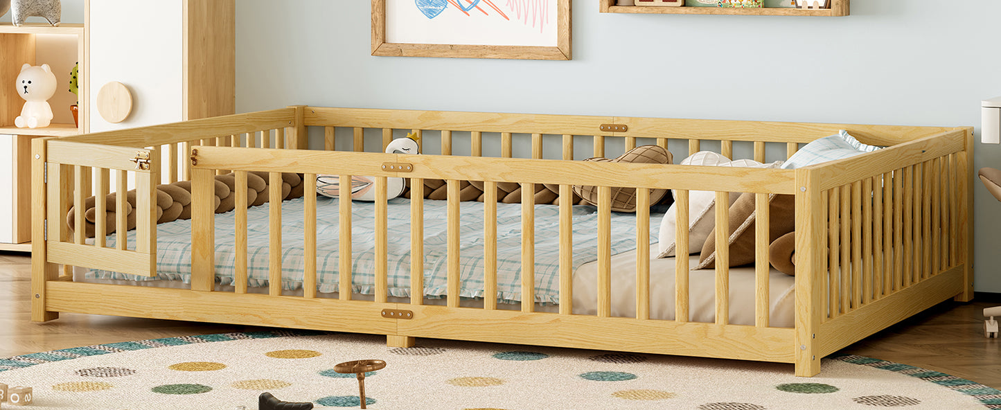 variant-group:rf-w1580p338954|Roomfitters Wooden Queen Floor Bed Frame with Door & Safety Guardrails, Low Platform Design for Bedroom or Playroom, Natural