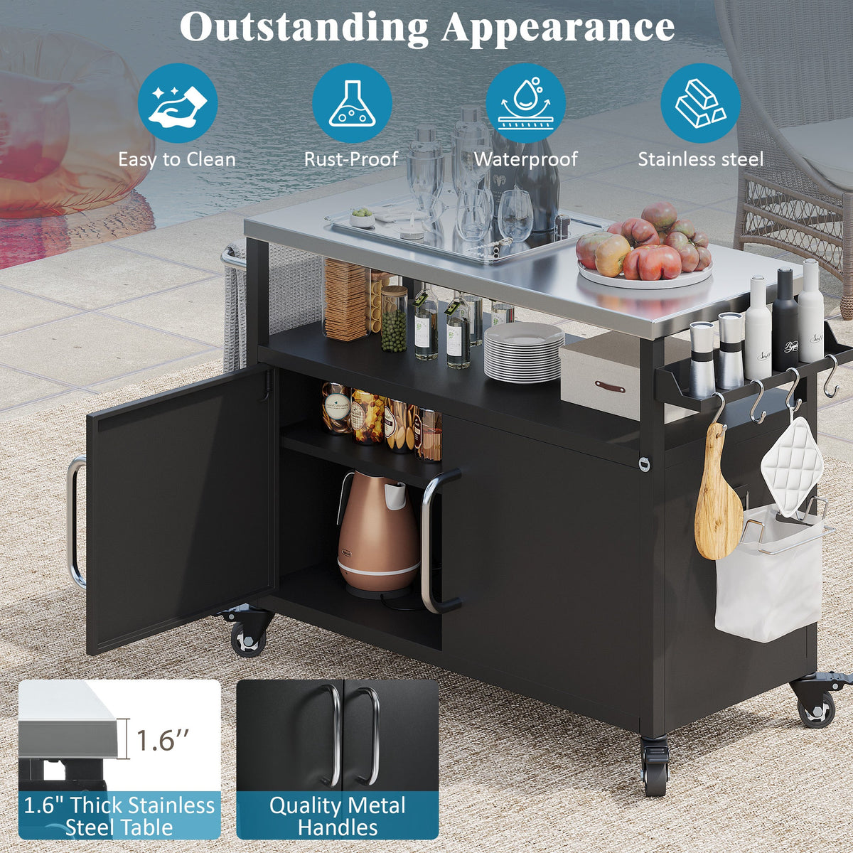 Roomfitters 54.5" Outdoor Kitchen Island with Stainless Steel Top, Rolling Grill Prep Cart with Propane Tank Storage, Black