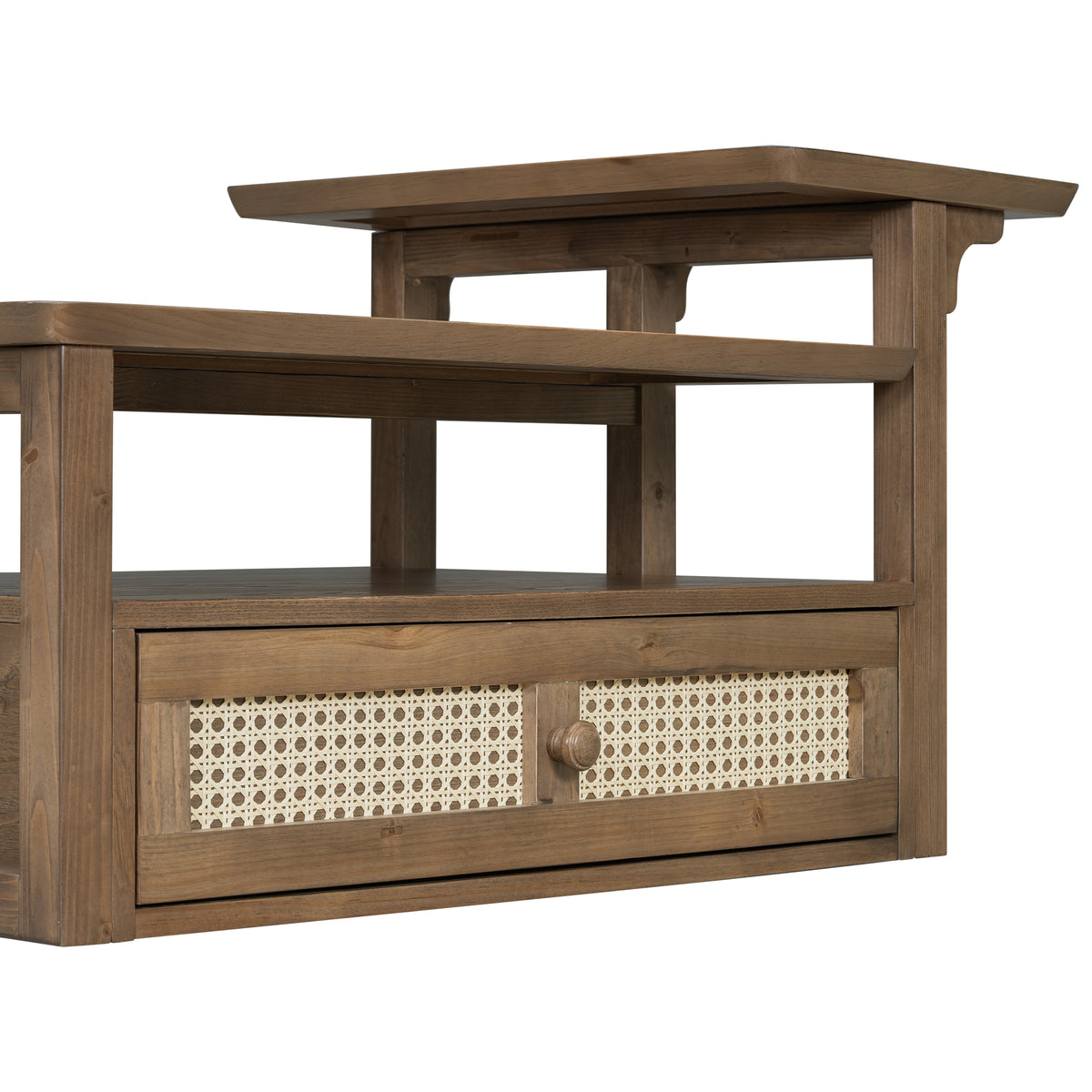 variant-group:rf-n724p232190d|Roomfitters Modern Coffee Table with Open Shelf, Dual Tabletops and Rattan Accent Storage, Walnut