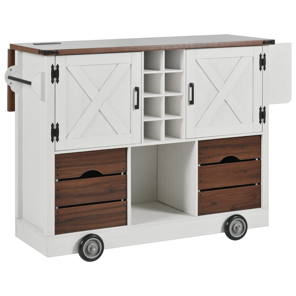 variant-group:rf-n707p349814w|Roomfitters 54" Farmhouse Kitchen Island with Drop Leaf, Power Outlet, Wine Rack, 2 Drawers, 2 Doors, White