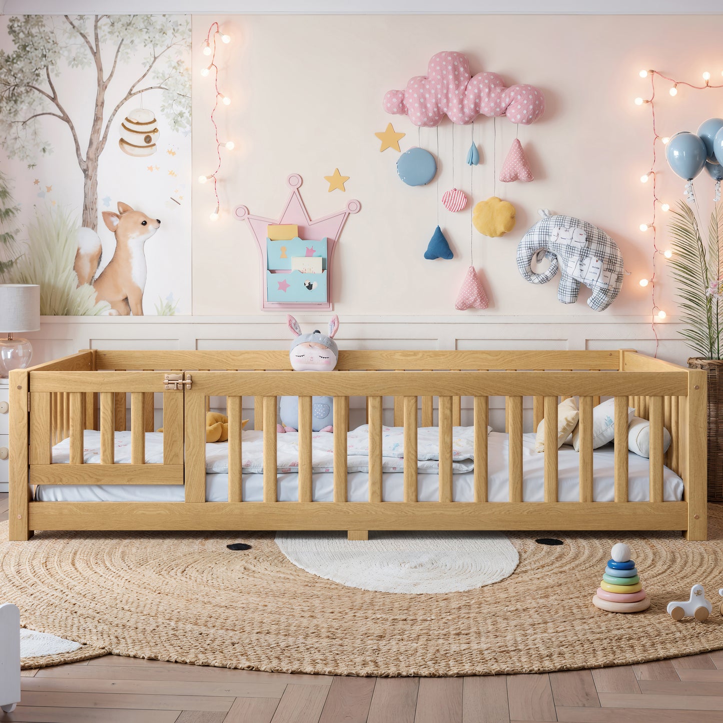 variant-group:rf-w1580p462314|Roomfitters Twin Size Wooden Floor Bed Frame with Safety Guardrails Door, Solid Wood Low Profile Toddler Play Bed, Natural