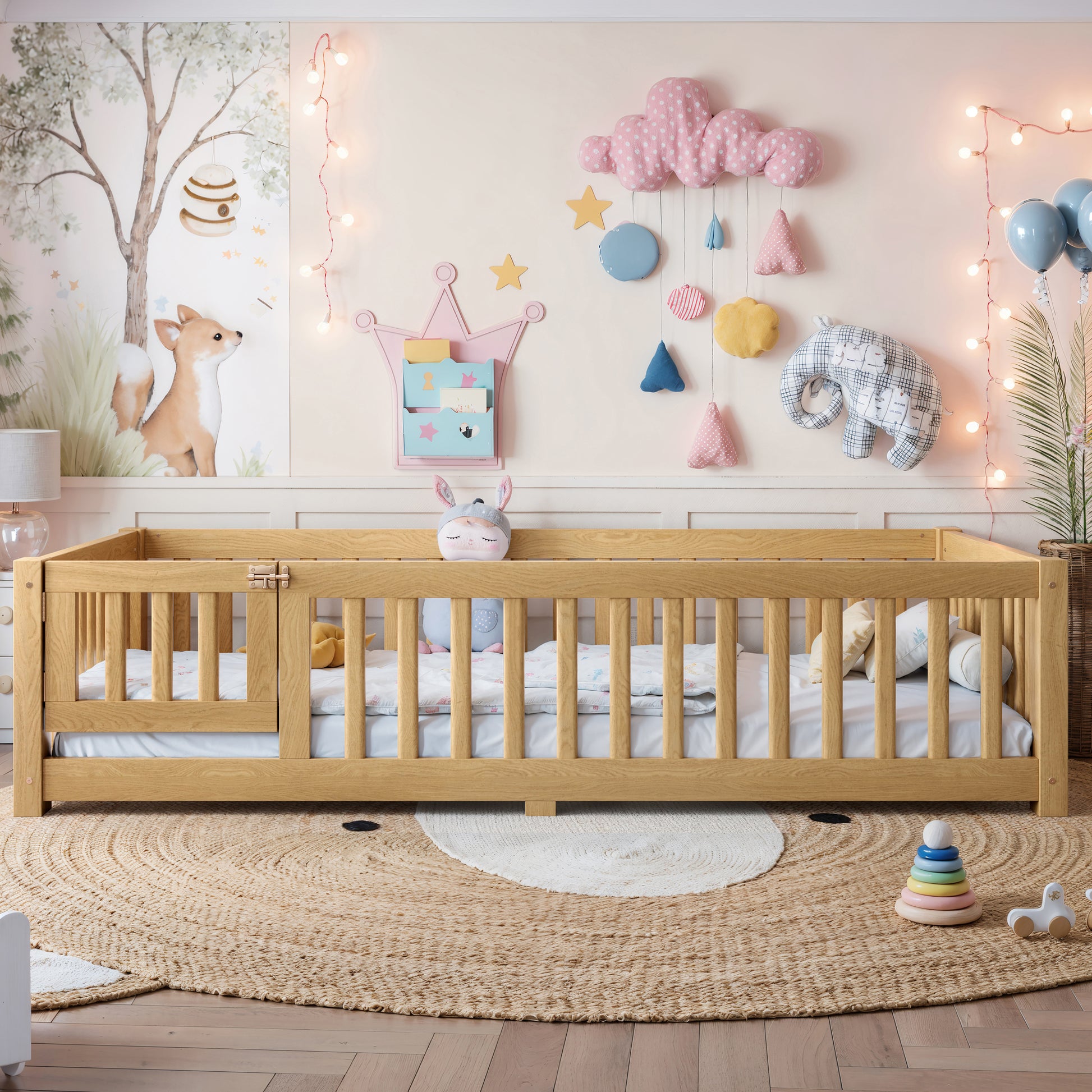 variant-group:rf-w1580p462314|Roomfitters Twin Size Wooden Floor Bed Frame with Safety Guardrails Door, Solid Wood Low Profile Toddler Play Bed, Natural