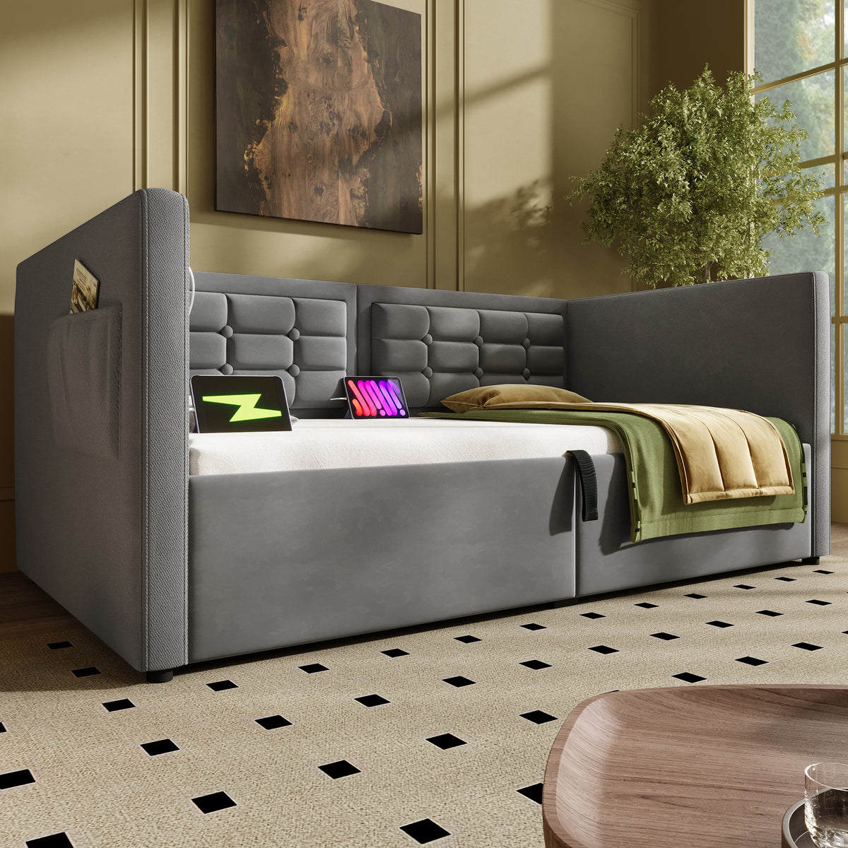 variant-group:rf-n736p303402g|Roomfitters Upholstered Twin Size Daybed with Storage, USB & Type-C Charging, Tufted Sofa Back, Velvet Gray