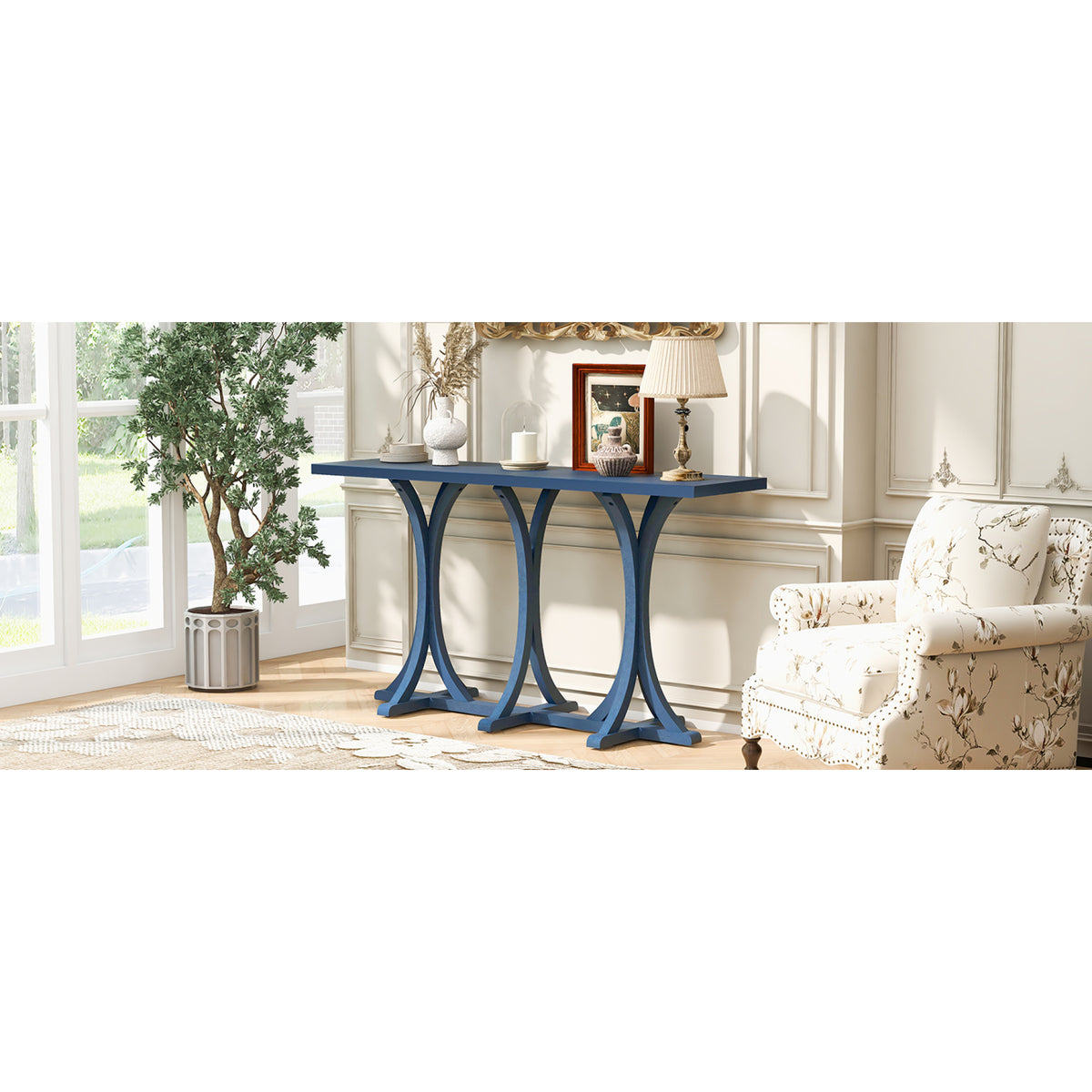 variant-group:rf-n711p295300v|Roomfitters 59.8" Console Table with Oak Veneer Top, Modern Arched Leg Entryway Sofa Table for Hallway & Living Room, Navy Blue