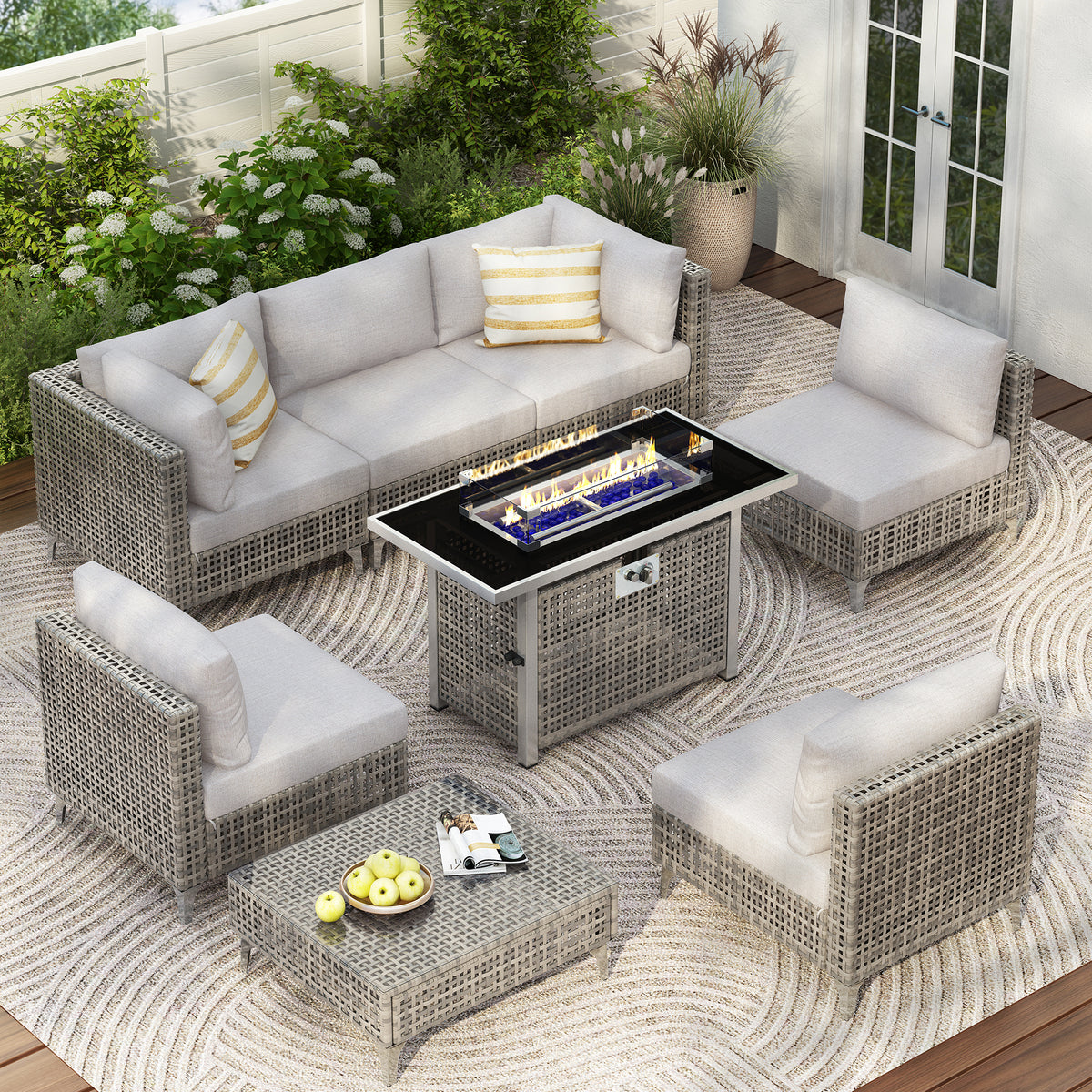 variant-group:rf-n707s000012g|Roomfitters 8-Piece Patio Furniture Set with 43" Fire Pit Table, Outdoor Conversation Set with Thick Cushions, Grey