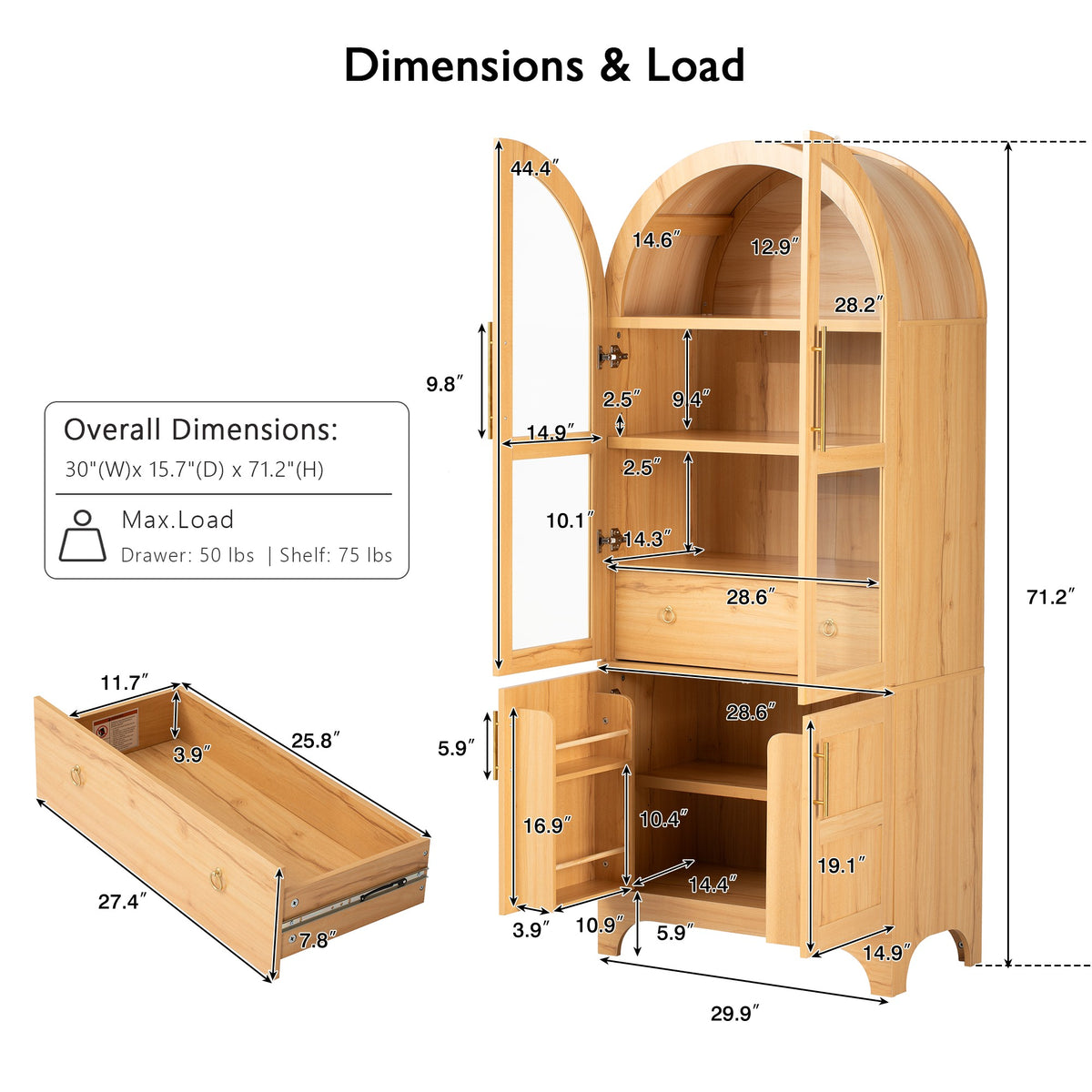variant-group:rf-n707s288969y|Roomfitters 71" Pantry Cabinet with Arched Top & Glass Doors, 4-Door Storage Hutch with Adjustable Shelves for Kitchen, Natural