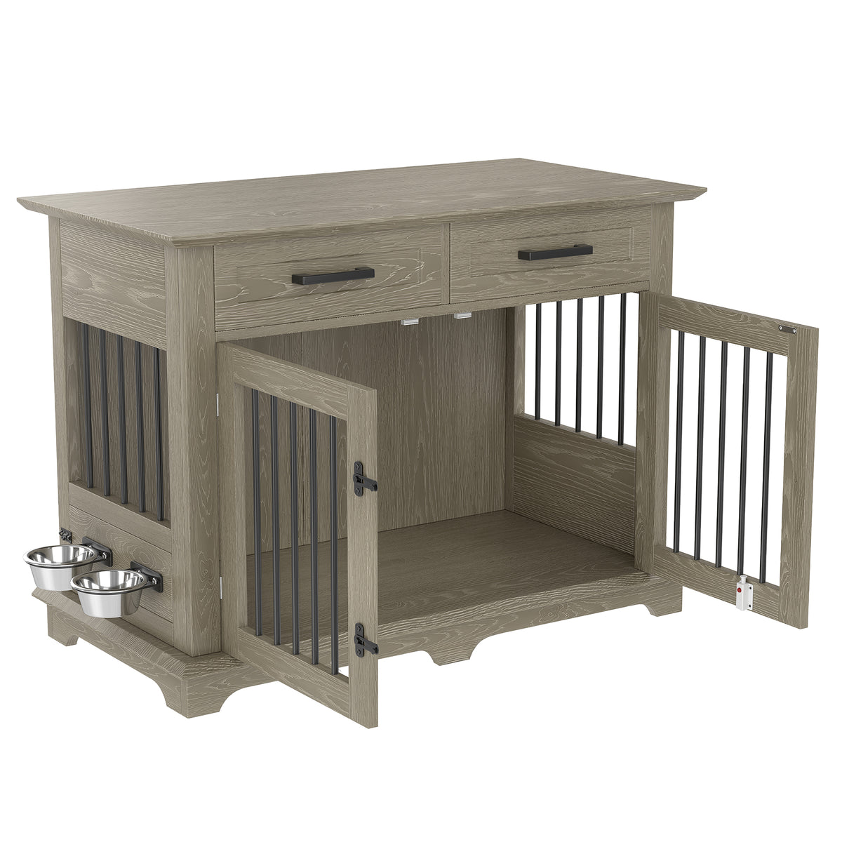 variant-group:rf-n704p379112e|Roomfitters 44-Inch Decorative Dog Crate Furniture Indoor Wooden Kennel End Table with 360 Rotating Bowls Gray