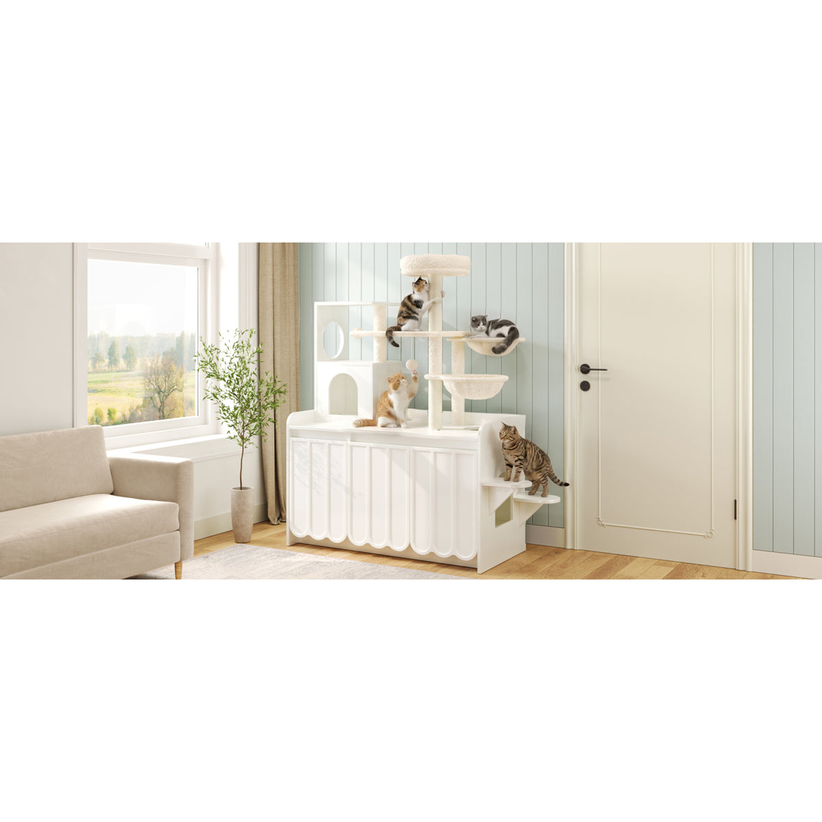 variant-group:rf-n704p443505k|Roomfitters All-in-One Modern Multi-Level Cat Tree Tower Condo with Hidden Litter Box Enclosure Space White