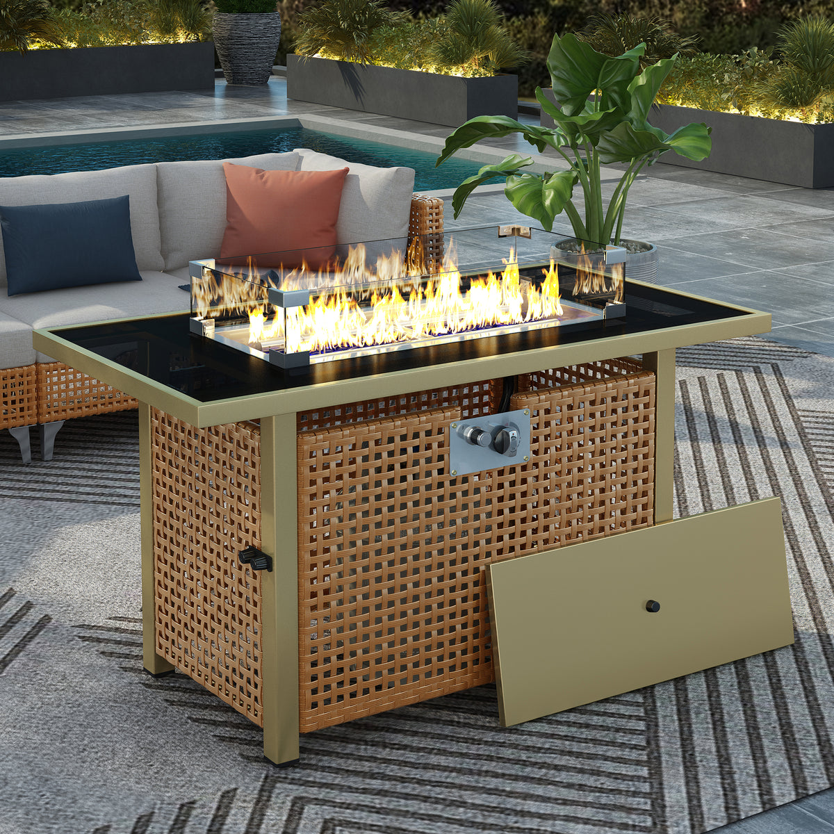 variant-group:rf-n707p210158z|Roomfitters 43" Propane Fire Pit Table, 60,000 BTU Rectangular Wicker Fire Pit with Glass Wind Guard for Patio, Natural