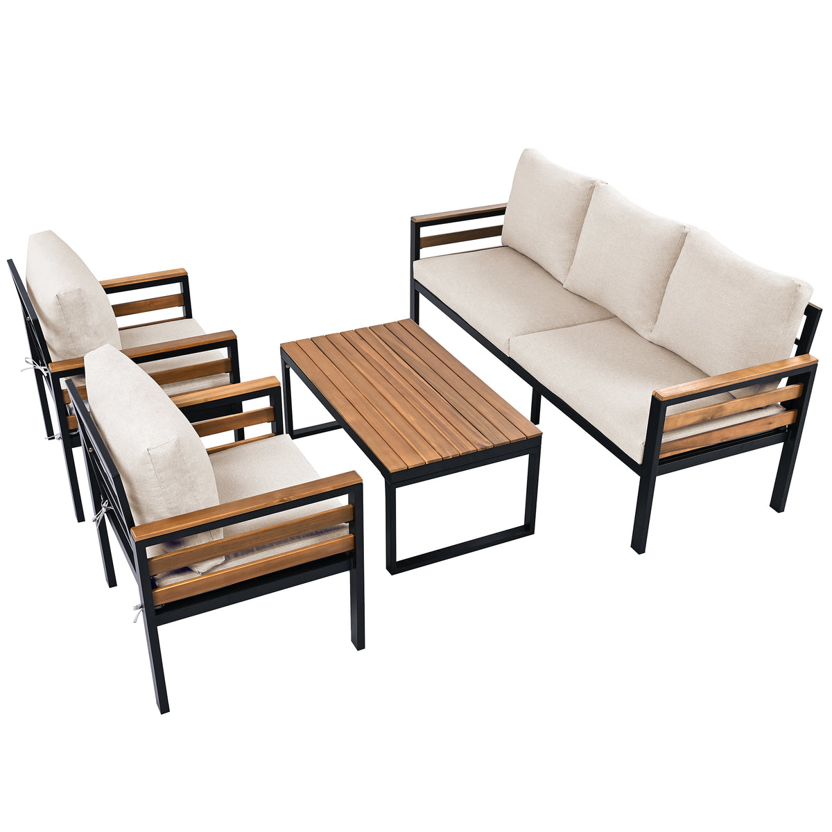 variant-group:rf-n704f201246a|Roomfitters 4-Piece Outdoor Patio Furniture Set with 3-Seater Sofa, 2 Armchairs and Coffee Table, Wood Accents, Beige
