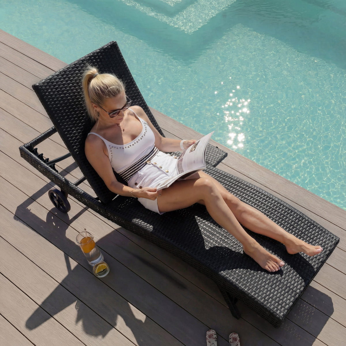 variant-group:rf-n707p395515b|Roomfitters 80"W Patio Chaise Lounge Chairs Set of 2 with Wheels, Folding Table, Adjustable Rattan Loungers, Black