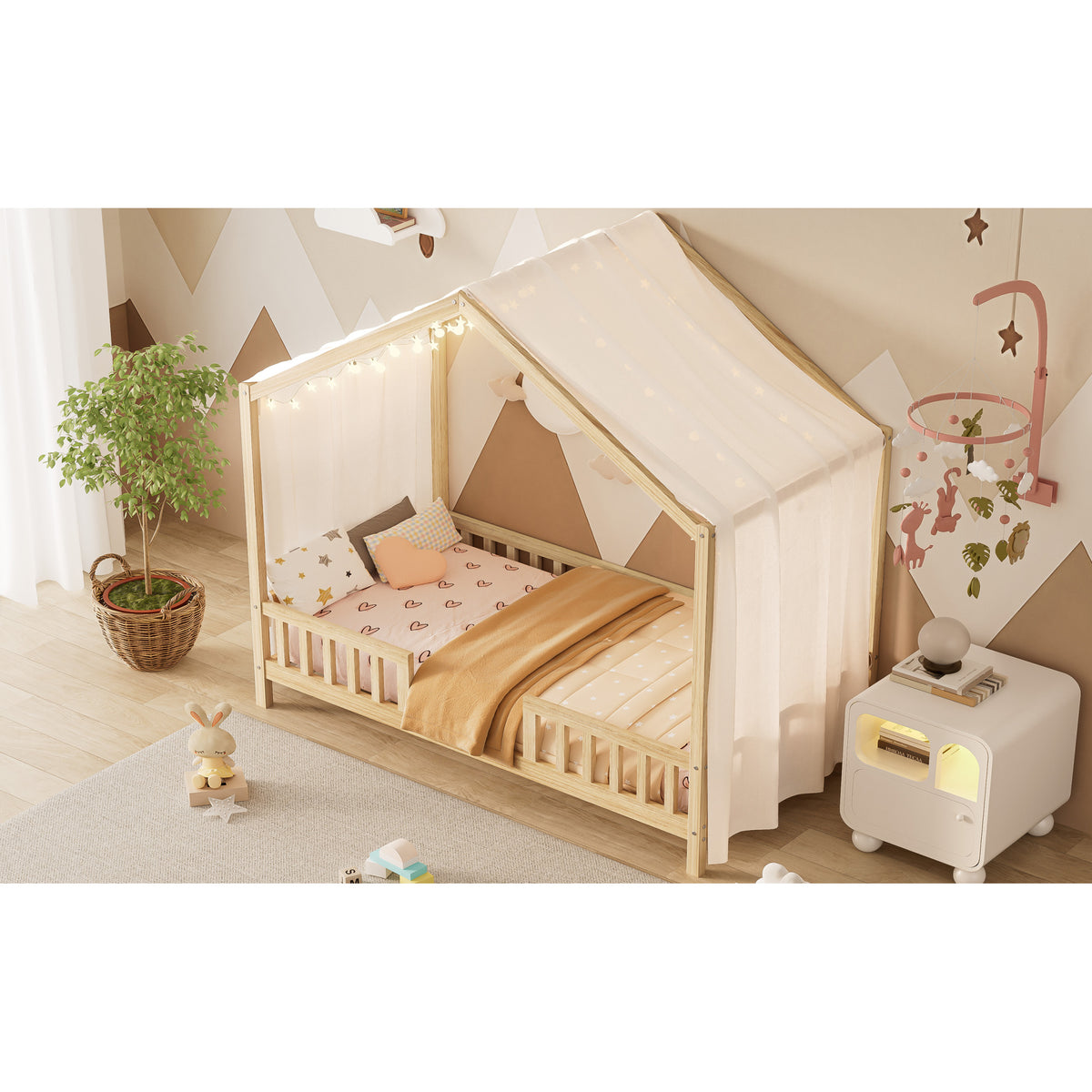 variant-group:rf-n733p356043m|Roomfitters Twin Montessori Floor Bed with Canopy, House Shape Wood Frame with Safety Rails, Youth Platform Bed, Natural