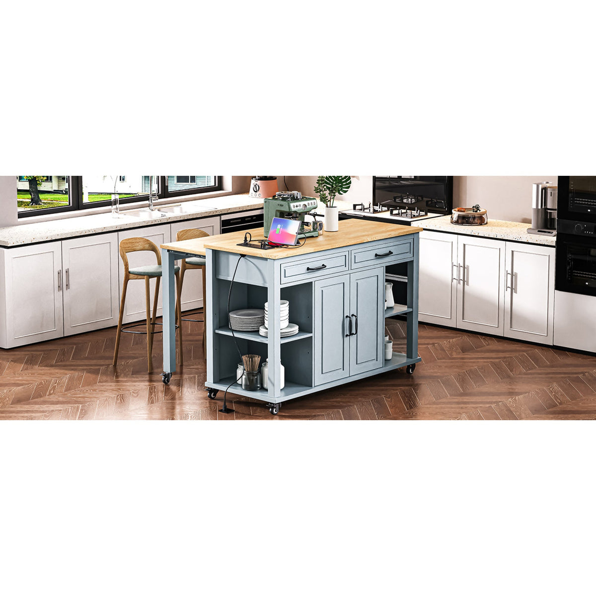 Roomfitters 47" Kitchen Island with Power Outlet and Drop Leaf, Rolling Storage Cabinet with Drawers, Modern Style, Grey+Blue