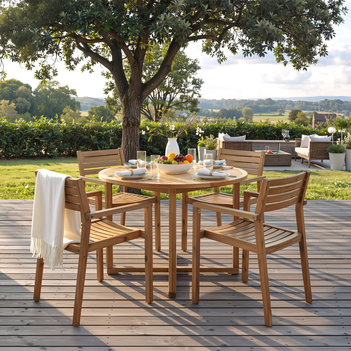 variant-group:rf-n711wy000475aao|Roomfitters 5-Piece Outdoor Dining Set for 4, 47.2-Inch Round Acacia Wood Table, Natural Brown Slatted Patio Group