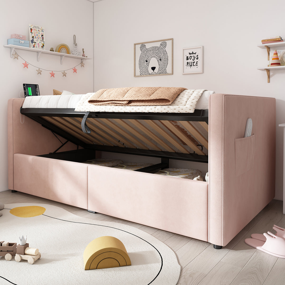 variant-group:rf-n736p303402p|Roomfitters Upholstered Twin Size Daybed with Storage, USB & Type-C Charging, Tufted Sofa Back, Velvet Pink