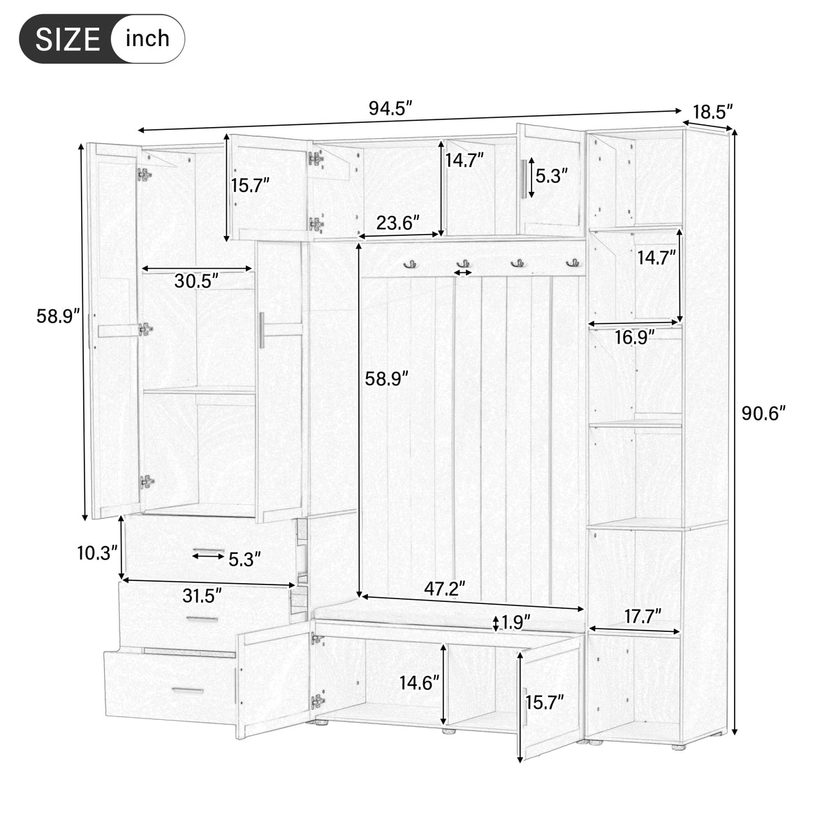variant-group:rf-n724sj000167aab|Roomfitters American Style Extra-Wide Hall Tree with Padded Cushion Seat, Antique Black