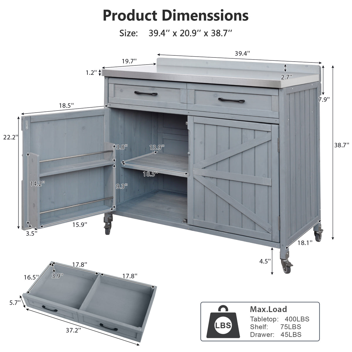 variant-group:rf-n707p370273g|Roomfitters 39.4" Grill Cart, Outdoor Kitchen Island with Stainless Steel Top, BBQ Prep Station with Storage Cabinet, Grey+Blue