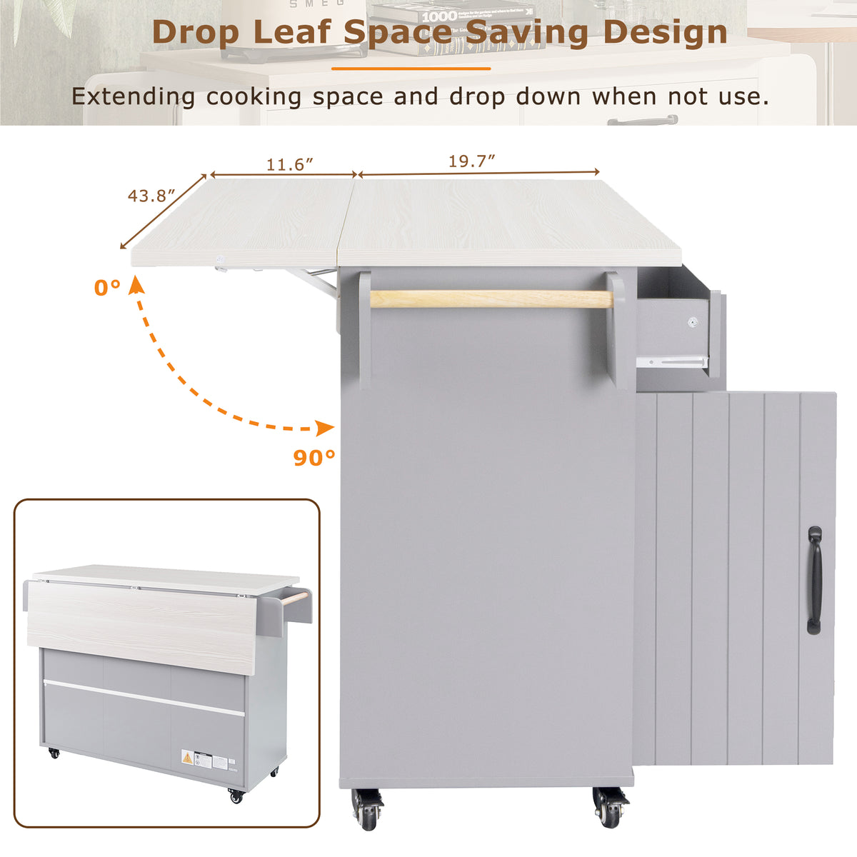 variant-group:rf-n707wf326381aag|Roomfitters Kitchen Island with Trash Can Storage Cabinet, Grey - Drop Leaf, Spice Rack, Towel Rack, Drawer, Adjustable Shelf, Rolling Island on Wheels, Grey