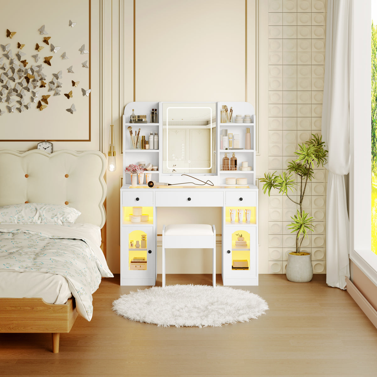 variant-group:rf-n704p407114k|Roomfitters 43.2" Makeup Vanity Desk with LED Lighted Mirror, Glass Door Cabinets, Charging Station and Stool, White