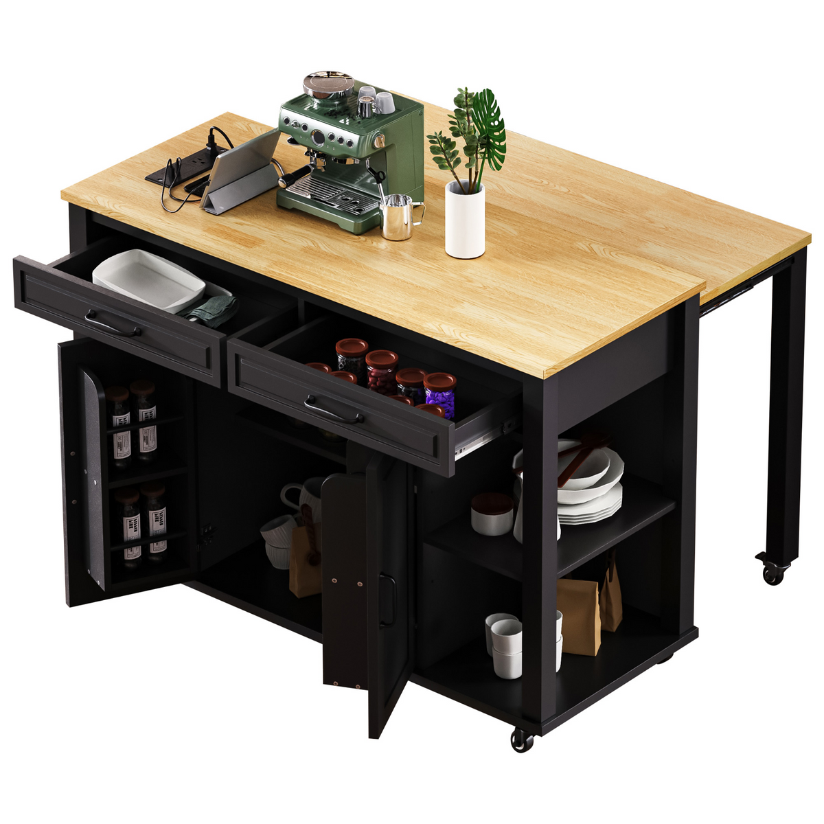 Roomfitters 47" Kitchen Island with Slide-Out Dining Table, Mobile Cart with Built-in Outlets, Internal Racks, Black