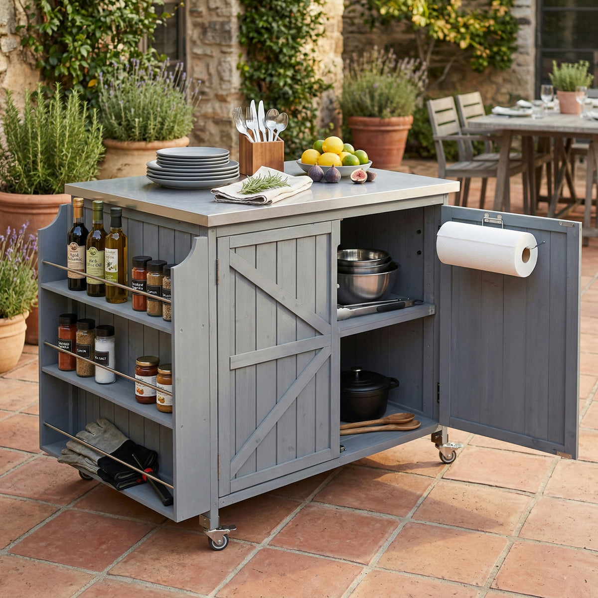 variant-group:rf-n707p370287g|Roomfitters 42.1" Grill Cart, Outdoor Kitchen Island with Stainless Steel Top, BBQ Prep Station with Spice Rack, Grey+Blue