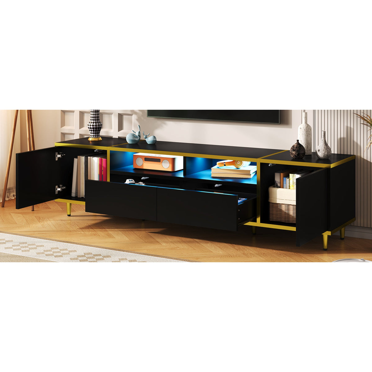 Roomfitters Modern TV Stand for up to 80 Inch TV, Entertainment Console with LED Shelves, Drawers and Cabinets, Black Roomfitters