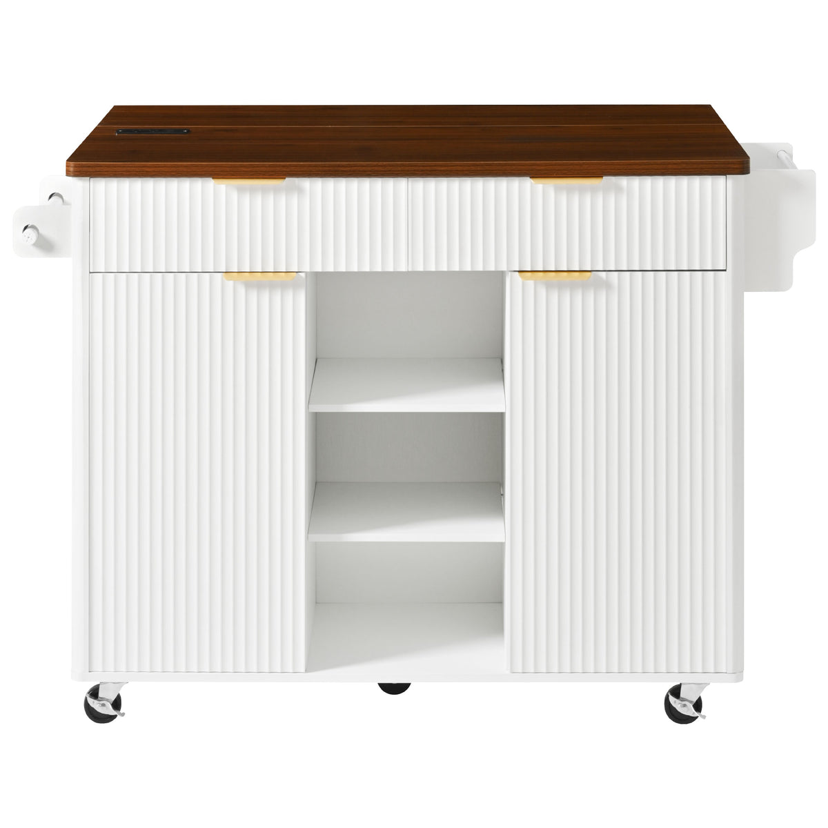 variant-group:rf-n707s000019w|Roomfitters 52" Fluted Kitchen Island with Drop Leaf, Power Outlet & Walnut Wood-Grain Top, White