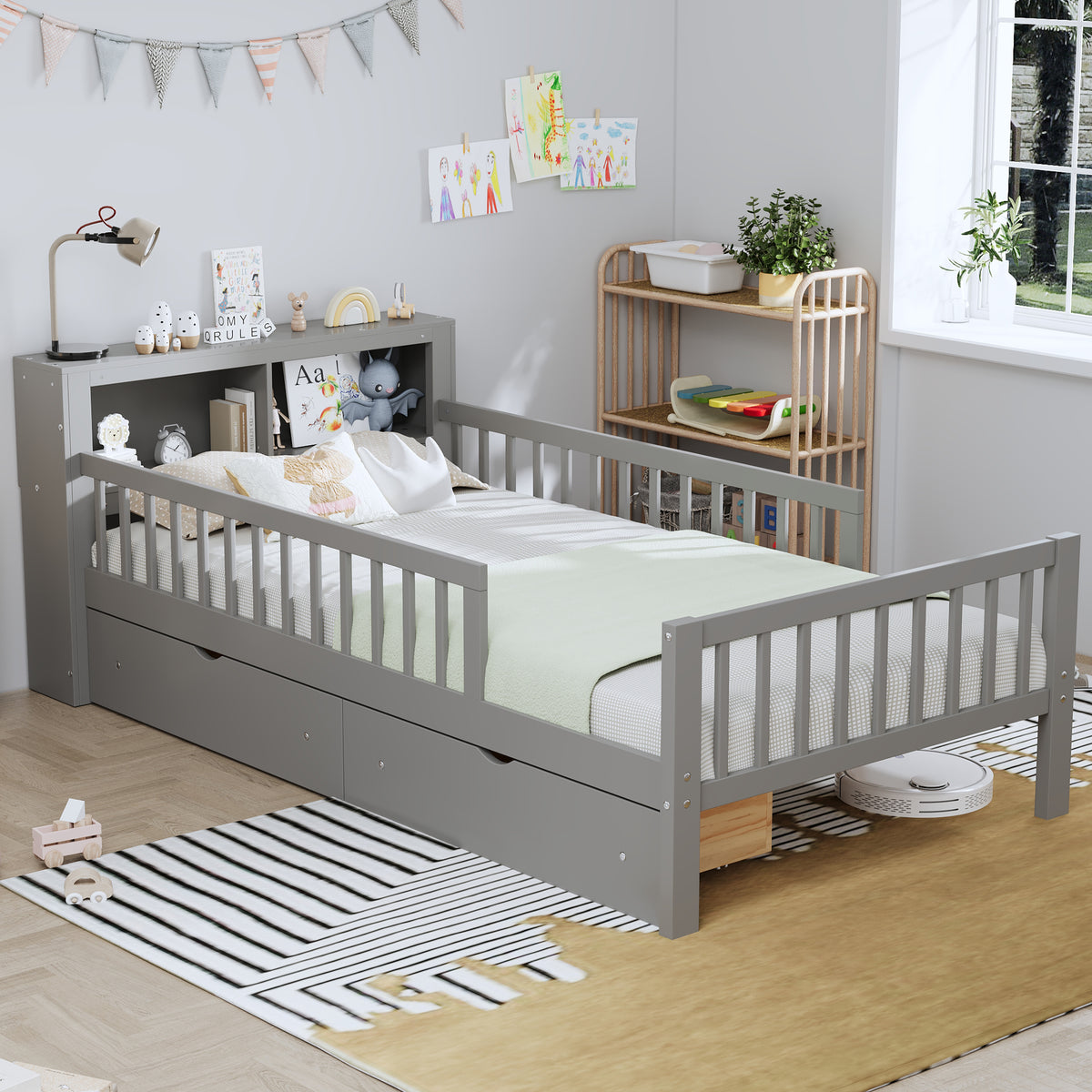 variant-group:rf-n733p272374e|Roomfitters Twin Bed with Headboard Storage Rack, Under-Bed Storage and Three-Side Guardrails, Gray