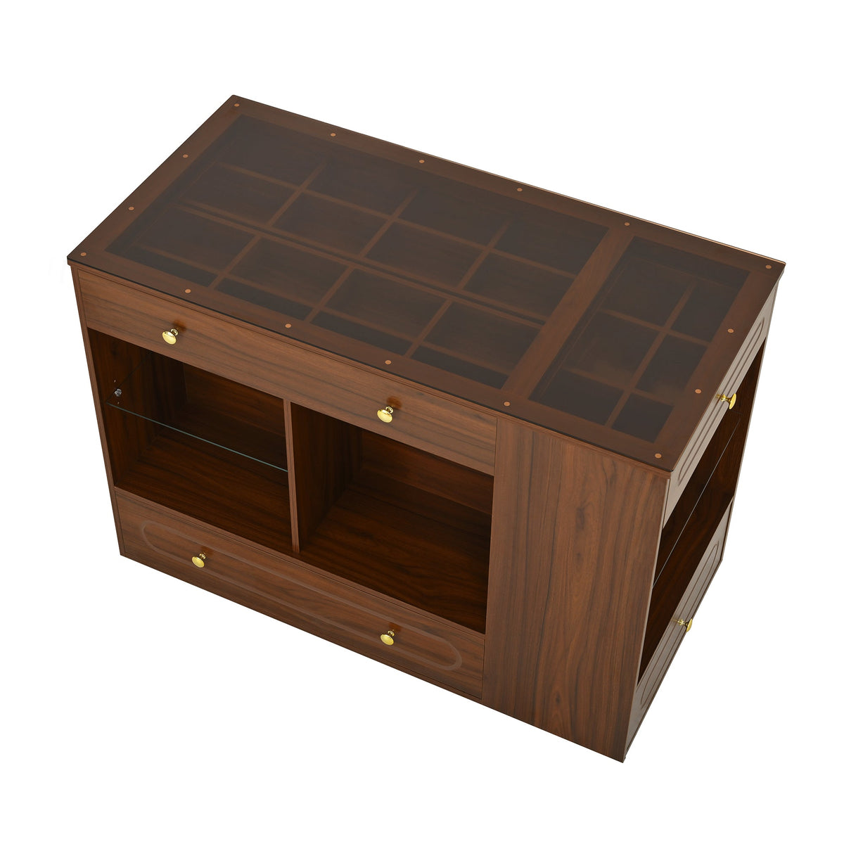 Roomfitters Closet Island with 6 Drawers, Glass Display Top and Open Shelves, Wardrobe Storage and Jewelry Vanity, Walnut