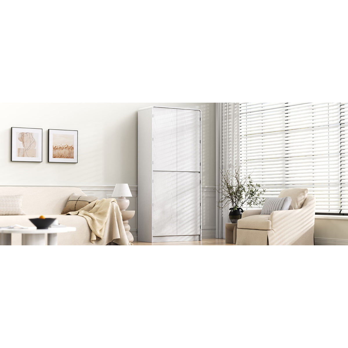variant-group:rf-n707s000021w|Roomfitters 72" Tall Farmhouse Kitchen Pantry Cabinet with Curved Profile & 8 Door Shelves, White