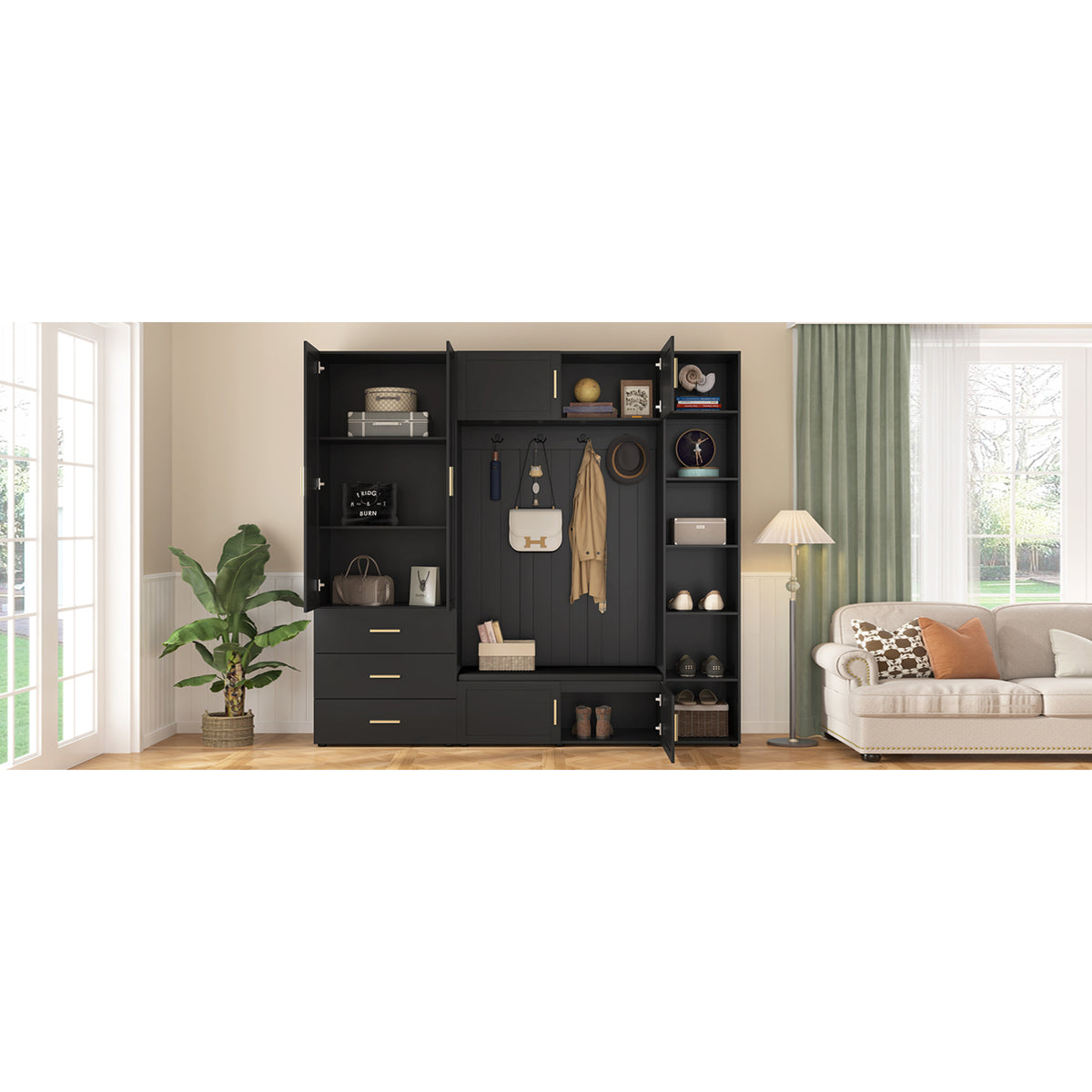 variant-group:rf-n724sj000167aab|Roomfitters American Style Extra-Wide Hall Tree with Padded Cushion Seat, Antique Black