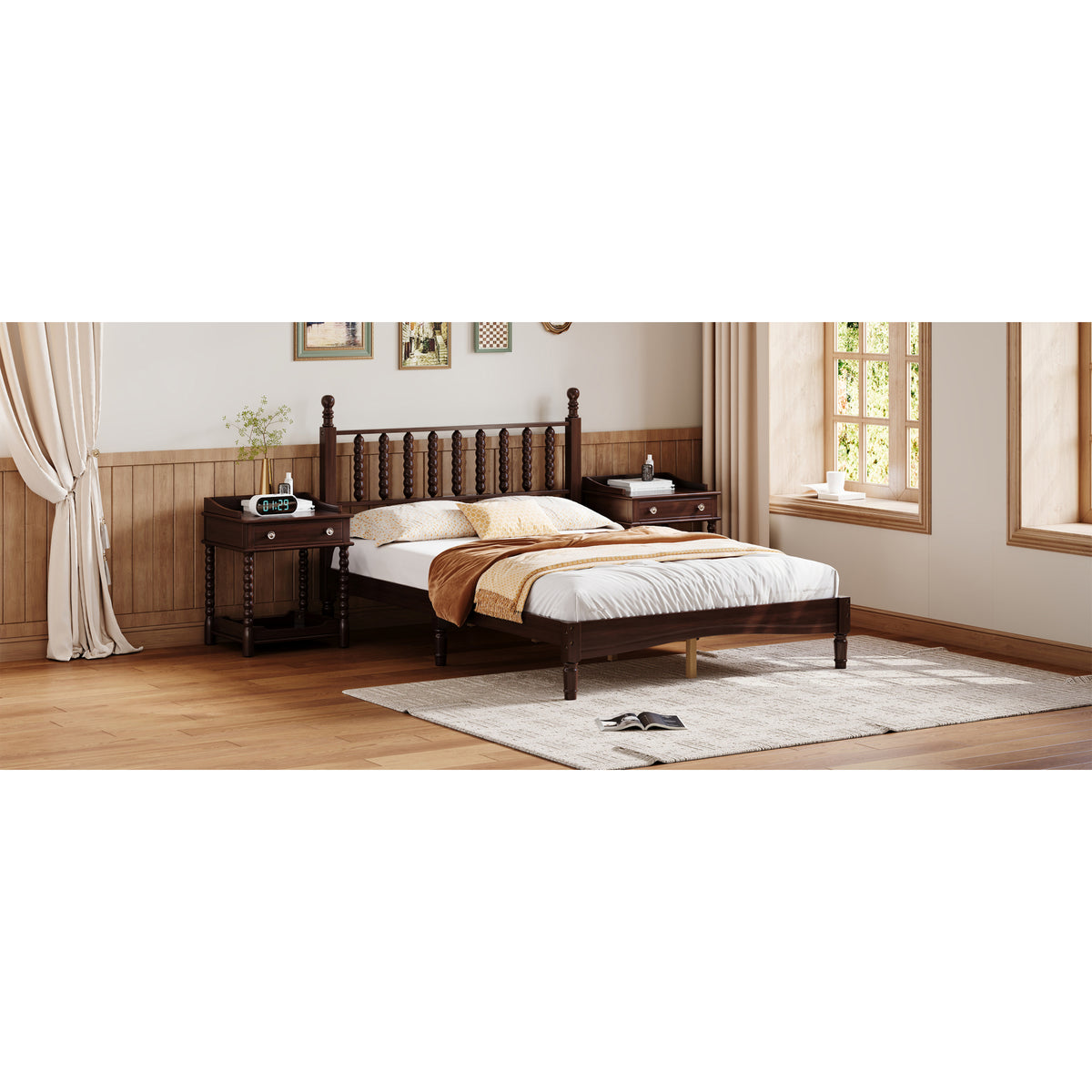 variant-group:rf-n733p338317d|Roomfitters Full Wood Platform Bed, Retro Gourd Spindle Headboard with Solid Slat Support, Walnut