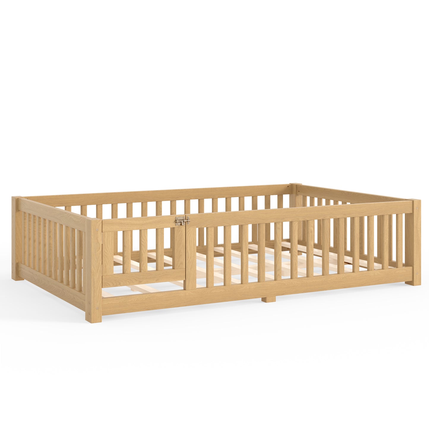 variant-group:rf-w1580p462323|Roomfitters Full Size Wooden Floor Bed Frame with Safety Guardrails Door, Solid Wood Low Profile Toddler Play Bed, Natural