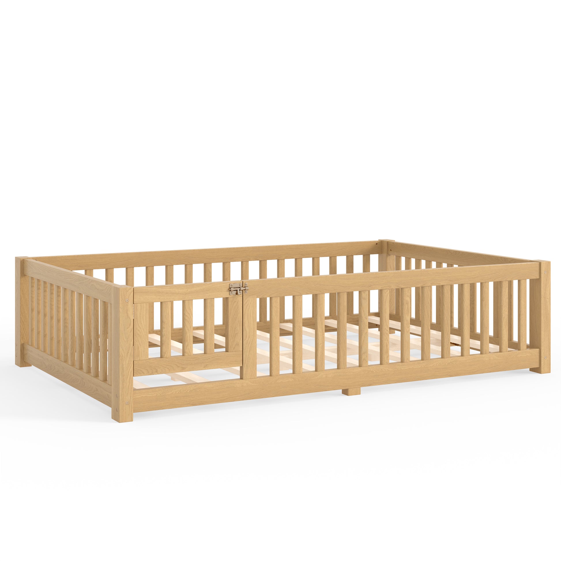 variant-group:rf-w1580p462323|Roomfitters Full Size Wooden Floor Bed Frame with Safety Guardrails Door, Solid Wood Low Profile Toddler Play Bed, Natural