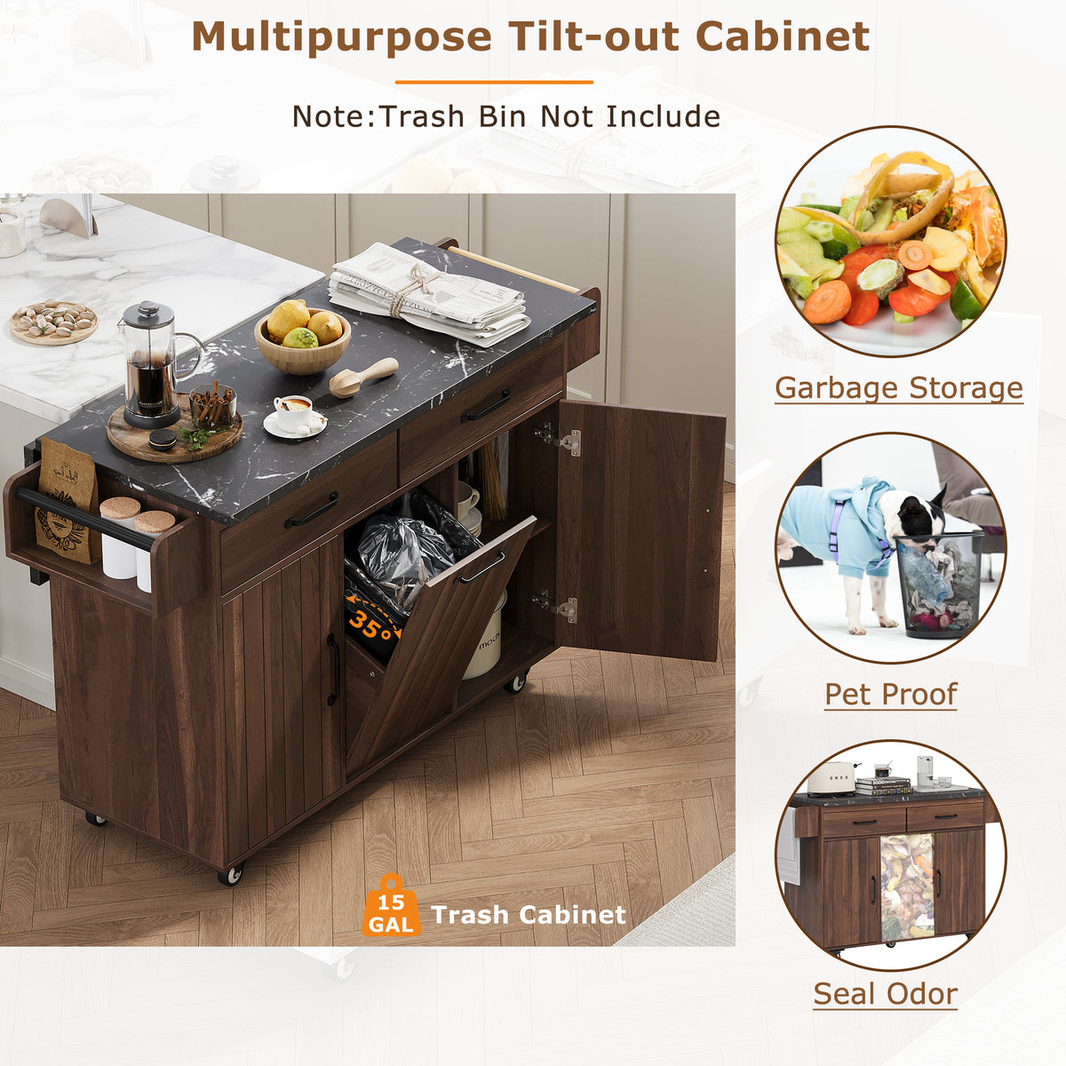 variant-group:rf-n707wf326381aaz|Roomfitters Kitchen Island with Trash Can Storage Cabinet, Grey - Drop Leaf, Spice Rack, Towel Rack, Drawer, Adjustable Shelf, Rolling Island on Wheels, Walnut Brown