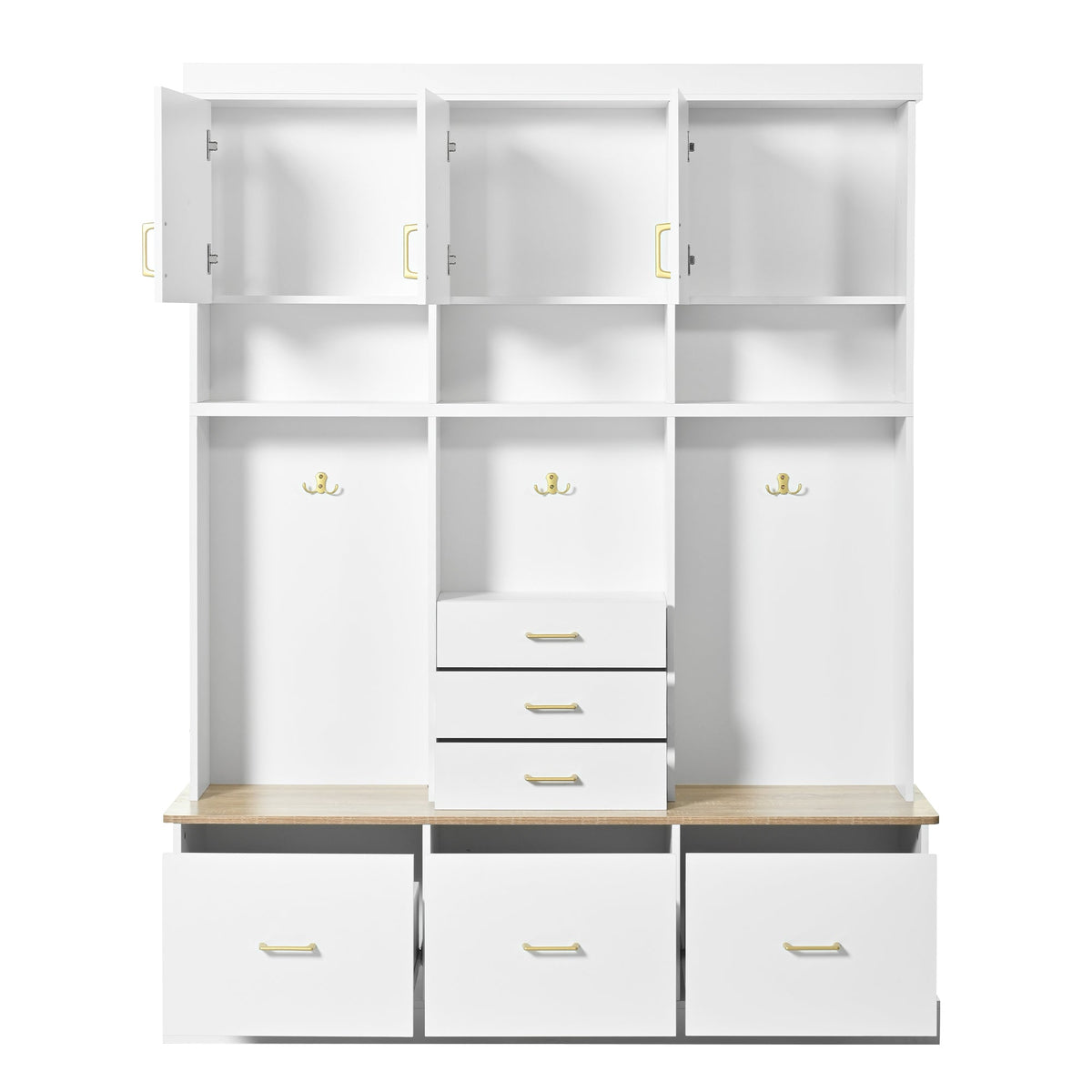 Roomfitters 5-in-1 Modern Entryway Hall Tree, 6 Drawers, 3 Wardrobe Cupboards, White Roomfitters